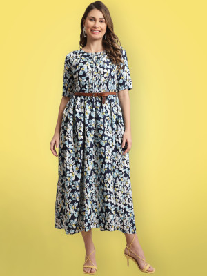ANNSPRING Women Fit and Flare Blue Midi/Calf Length Dress