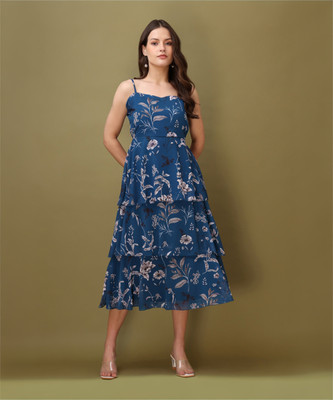 PURVAJA Women Layered Blue Midi/Calf Length Dress