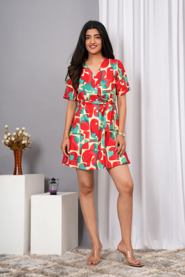 VYMO Women Fit and Flare Red, Green Mini/Short Dress