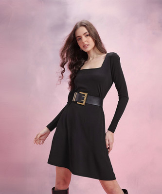 Dressberry Women A-line Black Above Knee/Mid Thigh Length Dress