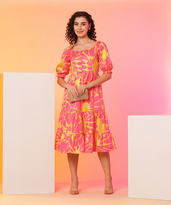 Globus Women Fit and Flare Pink, Yellow Midi/Calf Length Dress