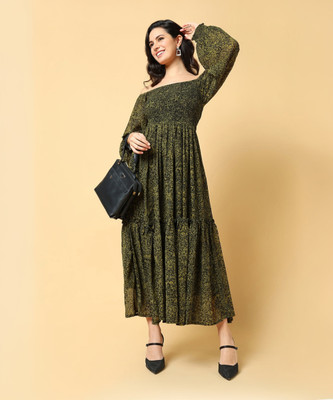 SHOWOFFFF Women Fit and Flare Green Maxi/Full Length Dress