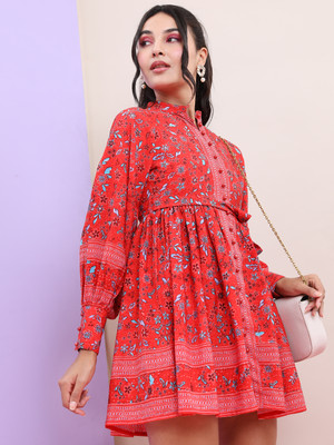 Tokyo Talkies Women Tiered Red Above Knee/Mid Thigh Length Dress