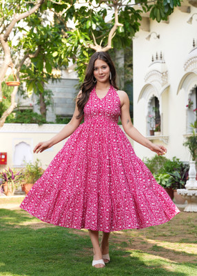 Demirner Women Fit and Flare Pink Midi/Calf Length Dress