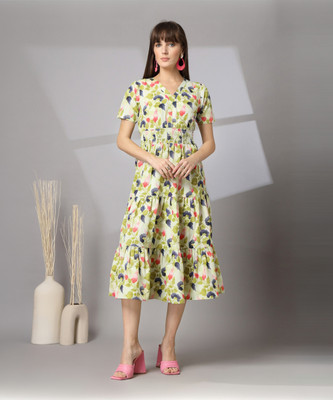 Wordope Women Fit and Flare Light Green Midi/Calf Length Dress
