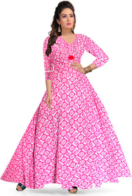 Parth Fashion Women Fit and Flare Pink, Beige Maxi/Full Length Dress