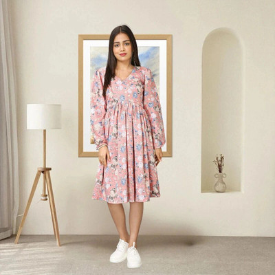 GIVAFAISHONS Women Fit and Flare Pink Knee Length Dress