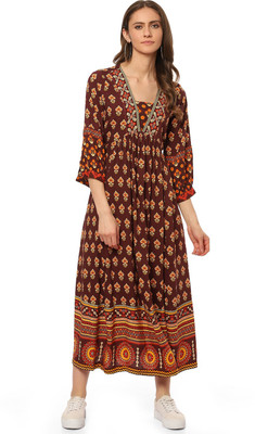 BIBA Women Fit and Flare Brown Midi/Calf Length Dress