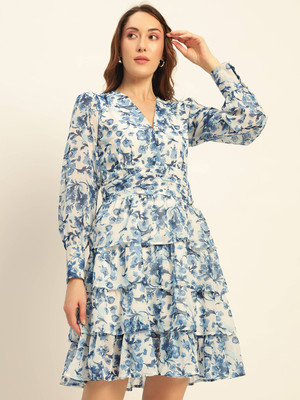 Deewa Women Fit and Flare Blue, White Mini/Short Dress