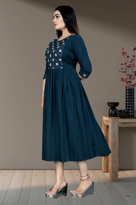ShopGlobal Women Fit and Flare Blue Below Knee Dress