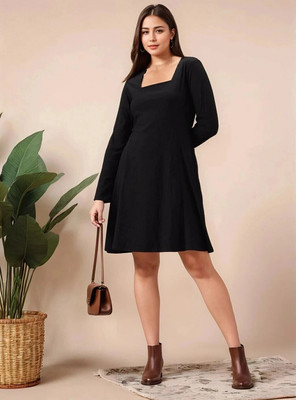 Dwarros Women A-line Black Above Knee/Mid Thigh Length Dress