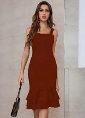 Ladiikway Women Bodycon Brown Midi/Calf Length Dress
