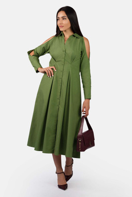 virgio Women Fit and Flare Green Midi/Calf Length Dress