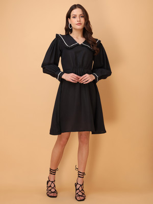 PURVAJA Women Fit and Flare Black Above Knee/Mid Thigh Length Dress
