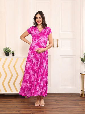 MomToBe Women Fit and Flare Pink Ankle Length Dress