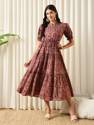 OTABU Women A-line Maroon Midi/Calf Length Dress