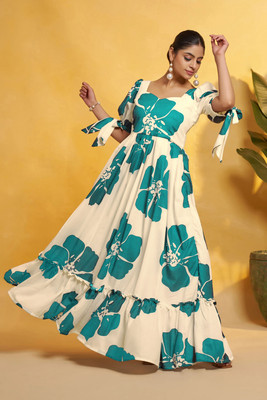 Ompax Women Fit and Flare Blue Maxi/Full Length Dress