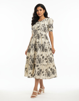 V3 FASHION Women A-line White, Black Maxi/Full Length Dress