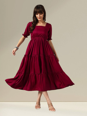 Jash Creation Women Fit and Flare Maroon Midi/Calf Length Dress