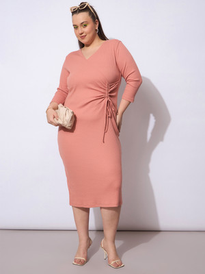 SASSAFRAS Curve Women Bodycon Pink Midi/Calf Length Dress