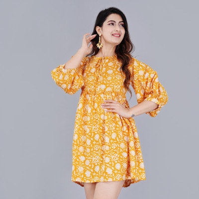 MANOJAVA Women Fit and Flare Yellow Above Knee/Mid Thigh Length Dress