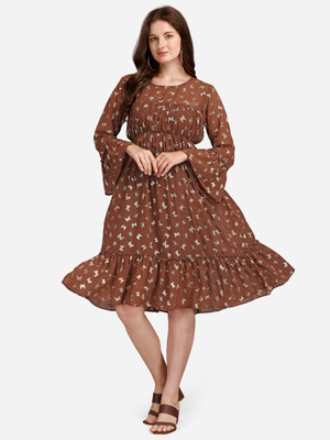 luzumbez Women Fit and Flare Brown Knee Length Dress