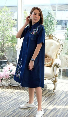 O Madam Women Fit and Flare Blue Knee Length Dress