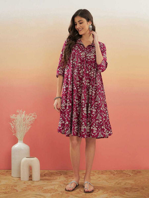 PUBAR Women Fit and Flare Maroon Midi/Calf Length Dress