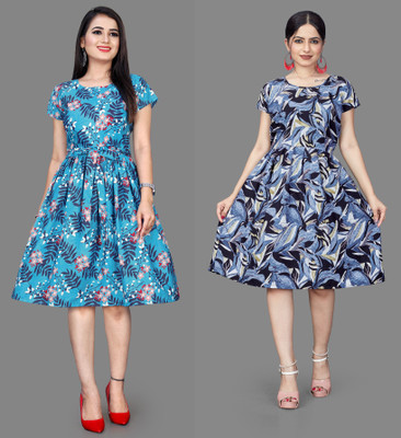 MAHADEV Women Fit and Flare Blue Mini/Short Dress
