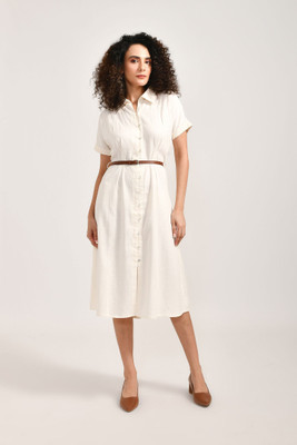 MEERABELLA Women A-line White Below Knee Dress