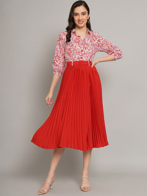 ZWERLON Women A-line Red Midi/Calf Length Dress