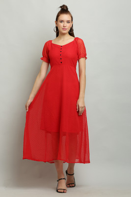 MYLOOKUP Women Fit and Flare Red Midi/Calf Length Dress