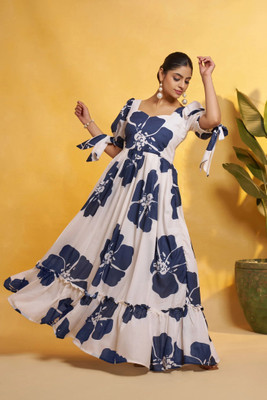 Herway Women Fit and Flare Blue, White Maxi/Full Length Dress