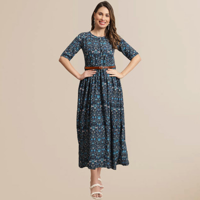 Fabflee Women A-line Blue Midi/Calf Length Dress