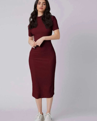 DESIGN PLUS FASHION Women Bodycon Maroon Below Knee Dress