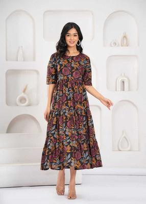Giabella Women Fit and Flare Maroon Below Knee Dress