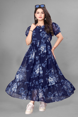 RIDDHI TEXTILES Women Fit and Flare Multicolor Maxi/Full Length Dress