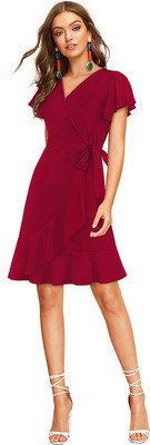 SHREE KSHETRAPAL CREATION Women Fit and Flare Maroon Above Knee/Mid Thigh Length Dress