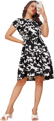 SITARAM FASHIION Women A-line Black, White Above Knee/Mid Thigh Length Dress