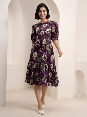 AASK Women Tiered Multicolor Midi/Calf Length Dress
