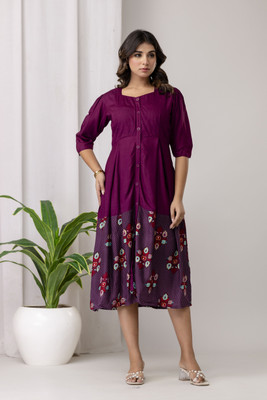VastraaMall Women Fit and Flare Purple Midi/Calf Length Dress