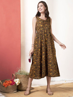 ANOUK Women Fit and Flare Brown Midi/Calf Length Dress