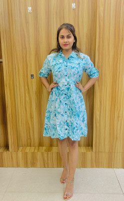 RKK COLLECTIONS Women Fit and Flare Light Blue, White Above Knee/Mid Thigh Length Dress
