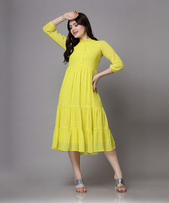 AAYU Women Fit and Flare Yellow Midi/Calf Length Dress