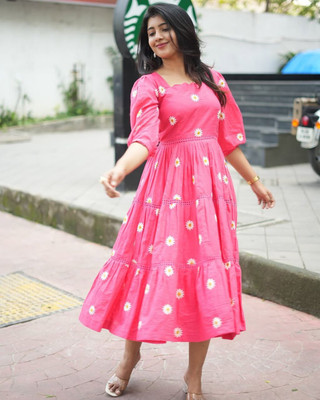 TANISHQGARMENTS Women A-line Red Midi/Calf Length Dress