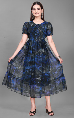 QUEUEE CREATION Women Fit and Flare Dark Blue Midi/Calf Length Dress