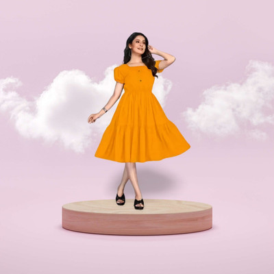 SHABRI FASHION Women Fit and Flare Orange Below Knee Dress