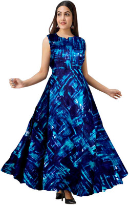 Shunit creation Women Fit and Flare Light Blue, Dark Blue, White Maxi/Full Length Dress