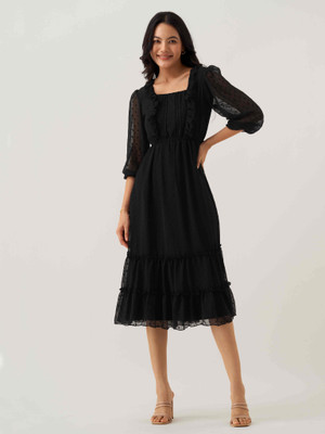 AASK Women Fit and Flare Black Midi/Calf Length Dress