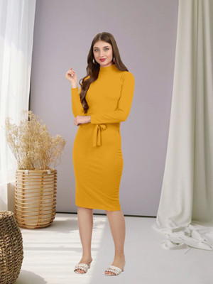 AADESH ENTERPRISE Women Bodycon Yellow Below Knee Dress